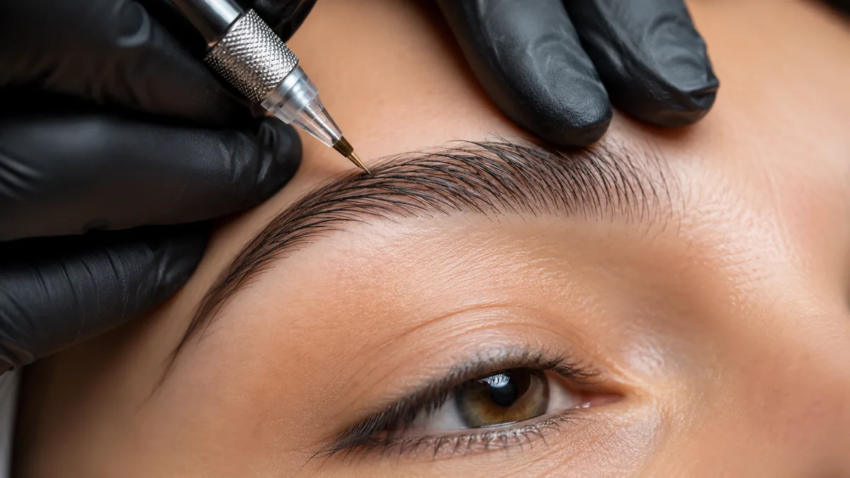 Microblading semi-permanent eyebrows — natural hair-stroke technique at Brow Threading Kansas City